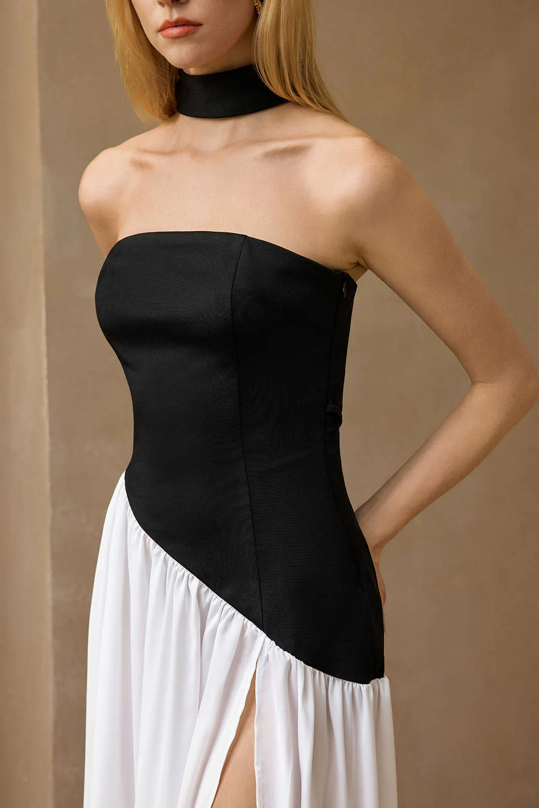 Contrast Satin Ruched Slit Strapless Maxi Dress