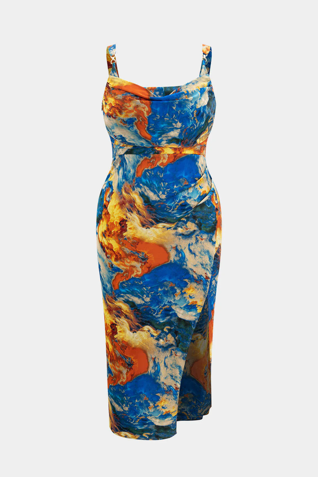 Plus Size Satin Abstract Pattern Draped Cowl Neck Slip Sleeveless Slit Midi Dress