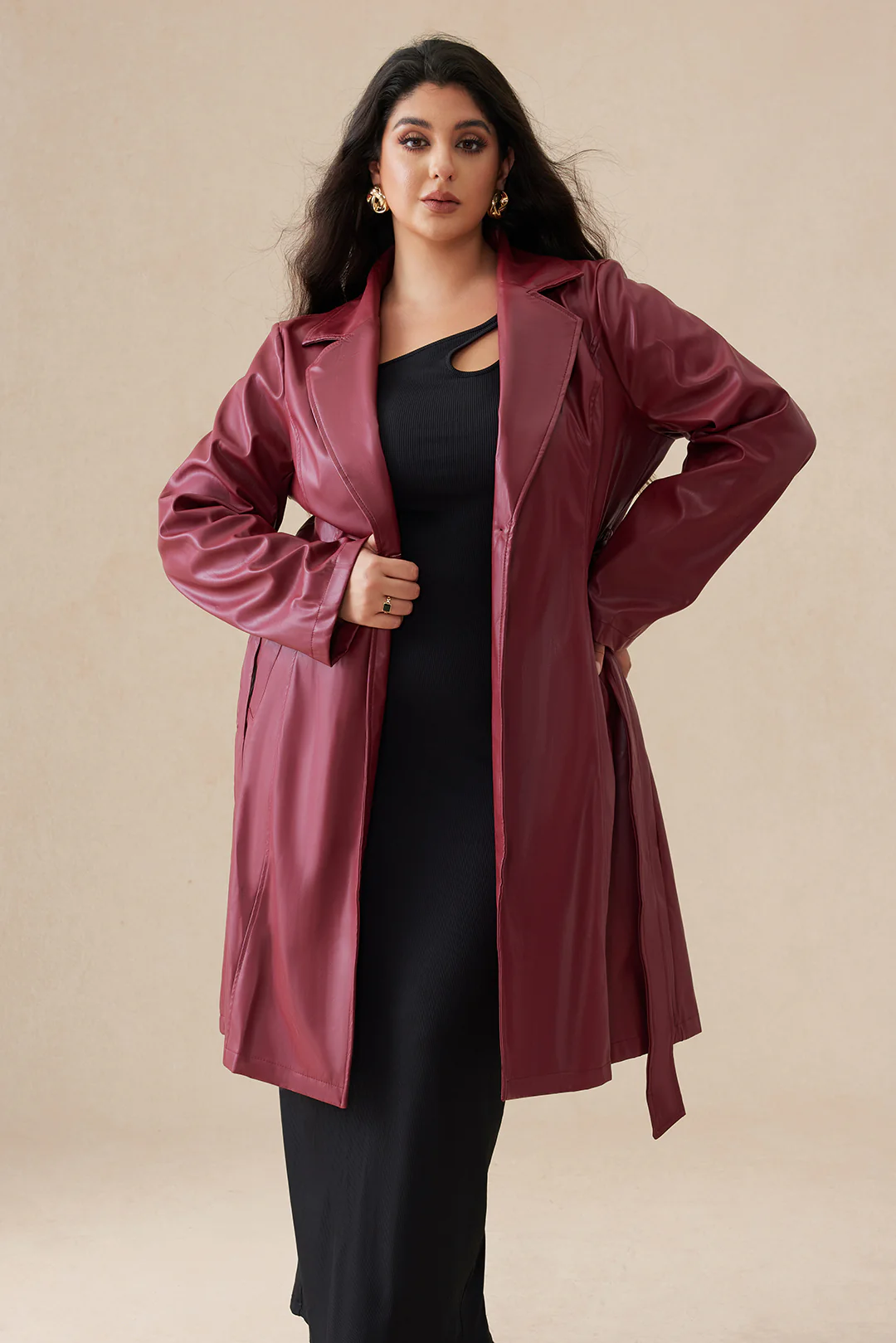 Plus Size Faux Leather Button-Tied Long Coat
