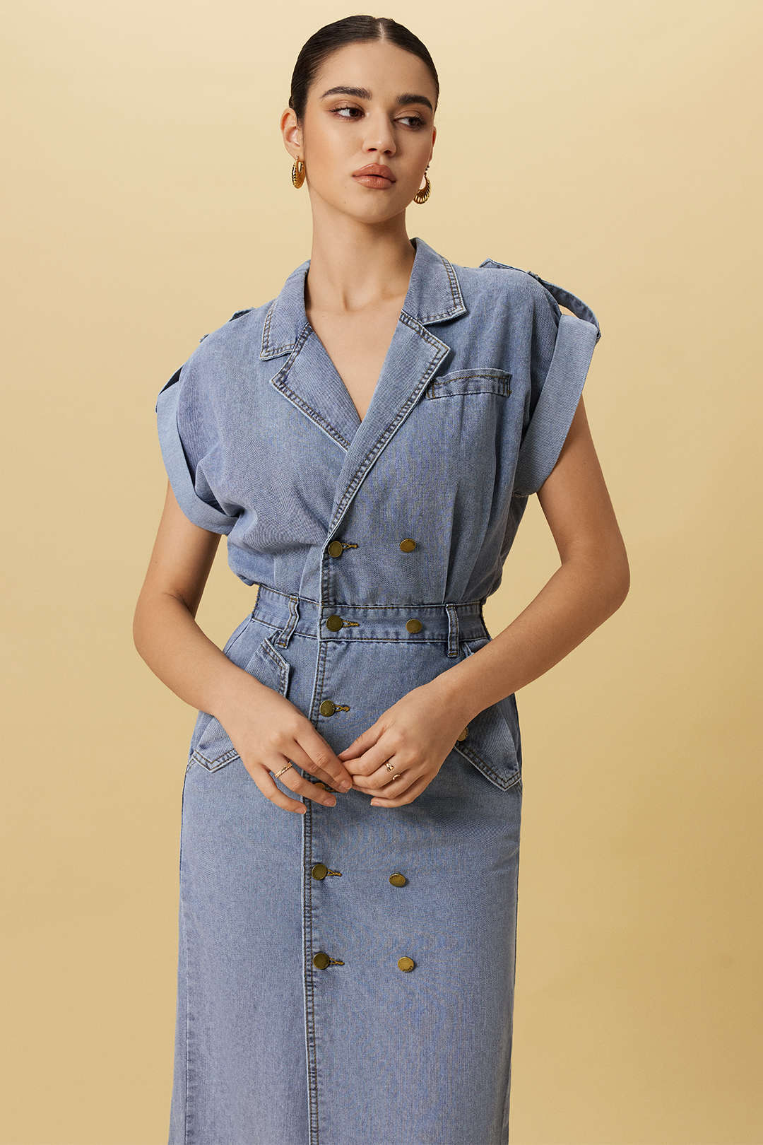 Denim Buttoned Shirred Short-Sleeve Dress