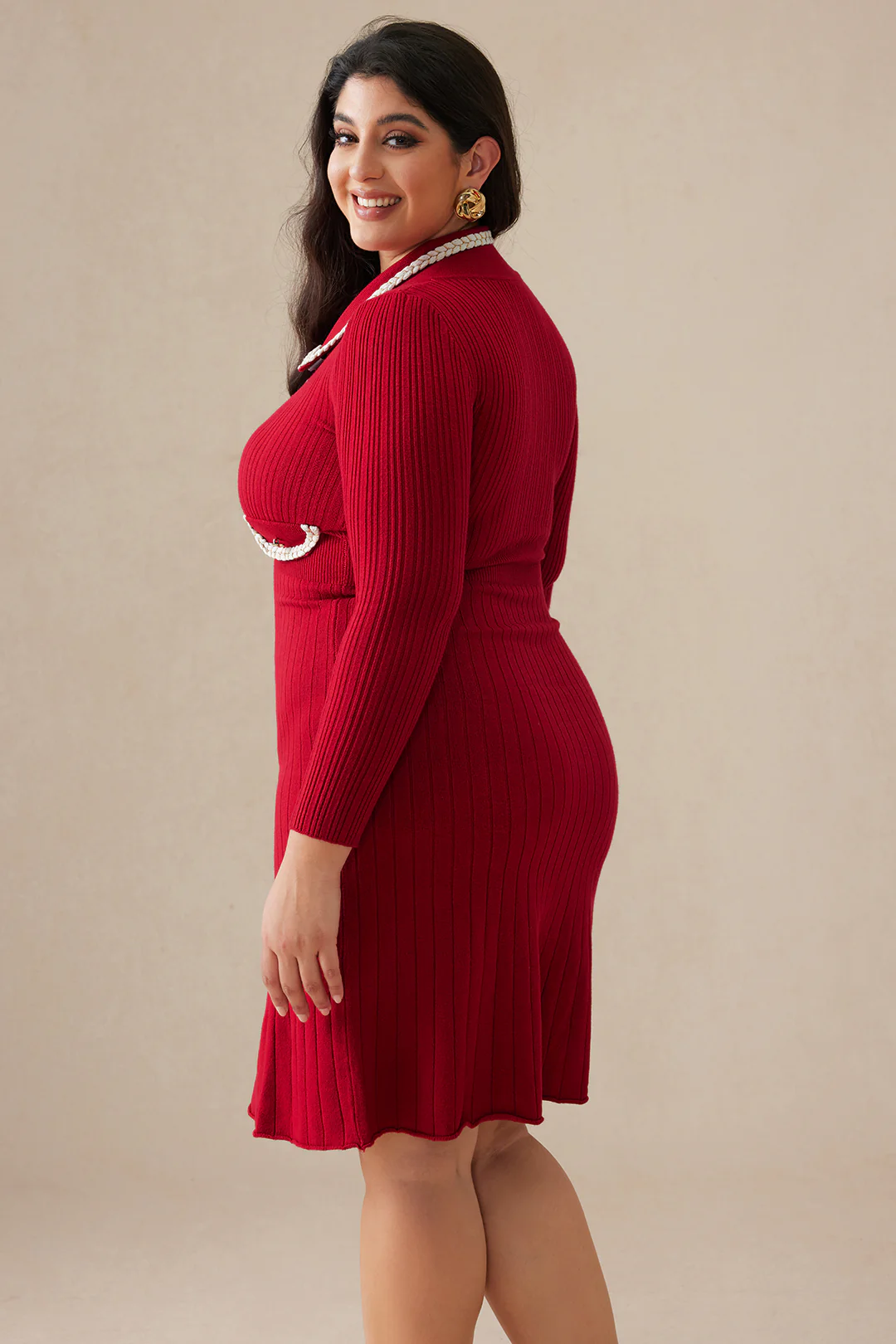 Plus Size Knit Button Fake Pocket Dress