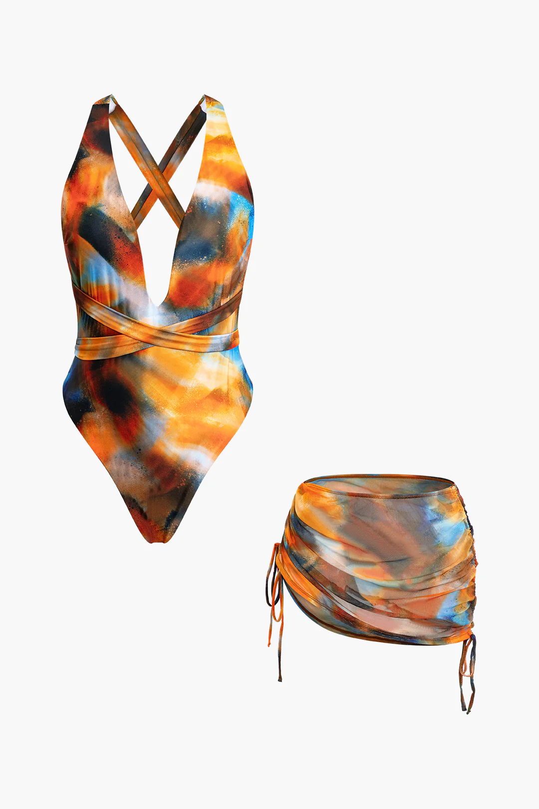 Abstract Print V-neck Cross-back Tie Swimsuit and Mesh Mini Sarong Skirt Set