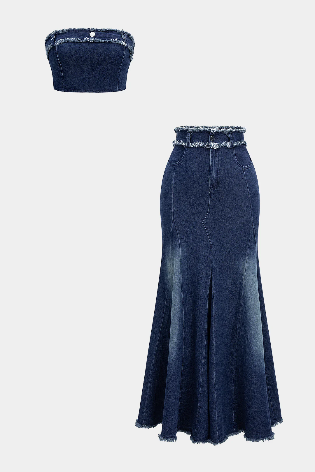 Denim Frayed Shirred Tube Top And High Waist Mermaid Skirt Set