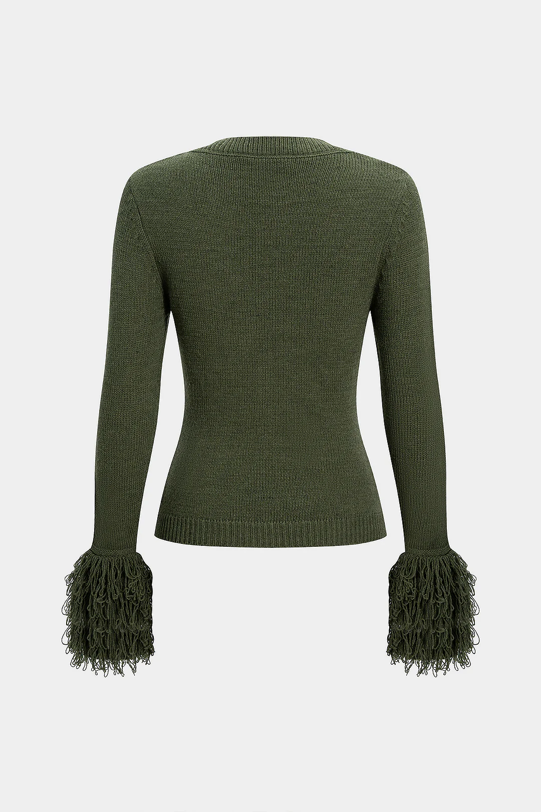 V-Neck Fringe Trim Long-Sleeve Sweater Top