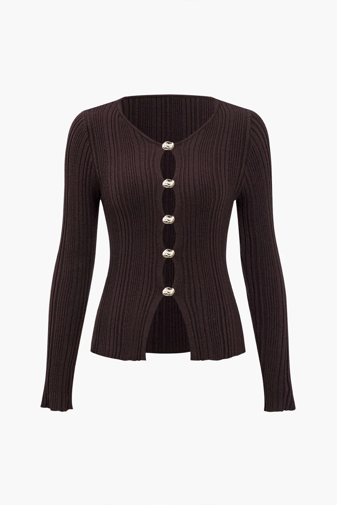 Solid Knitted Buttoned Long-Sleeve Top