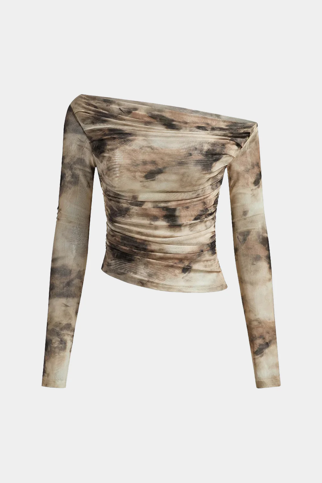 Abstract Printed Mesh Off-Shoulder Ruched Asymmetrical Long-Sleeve Top