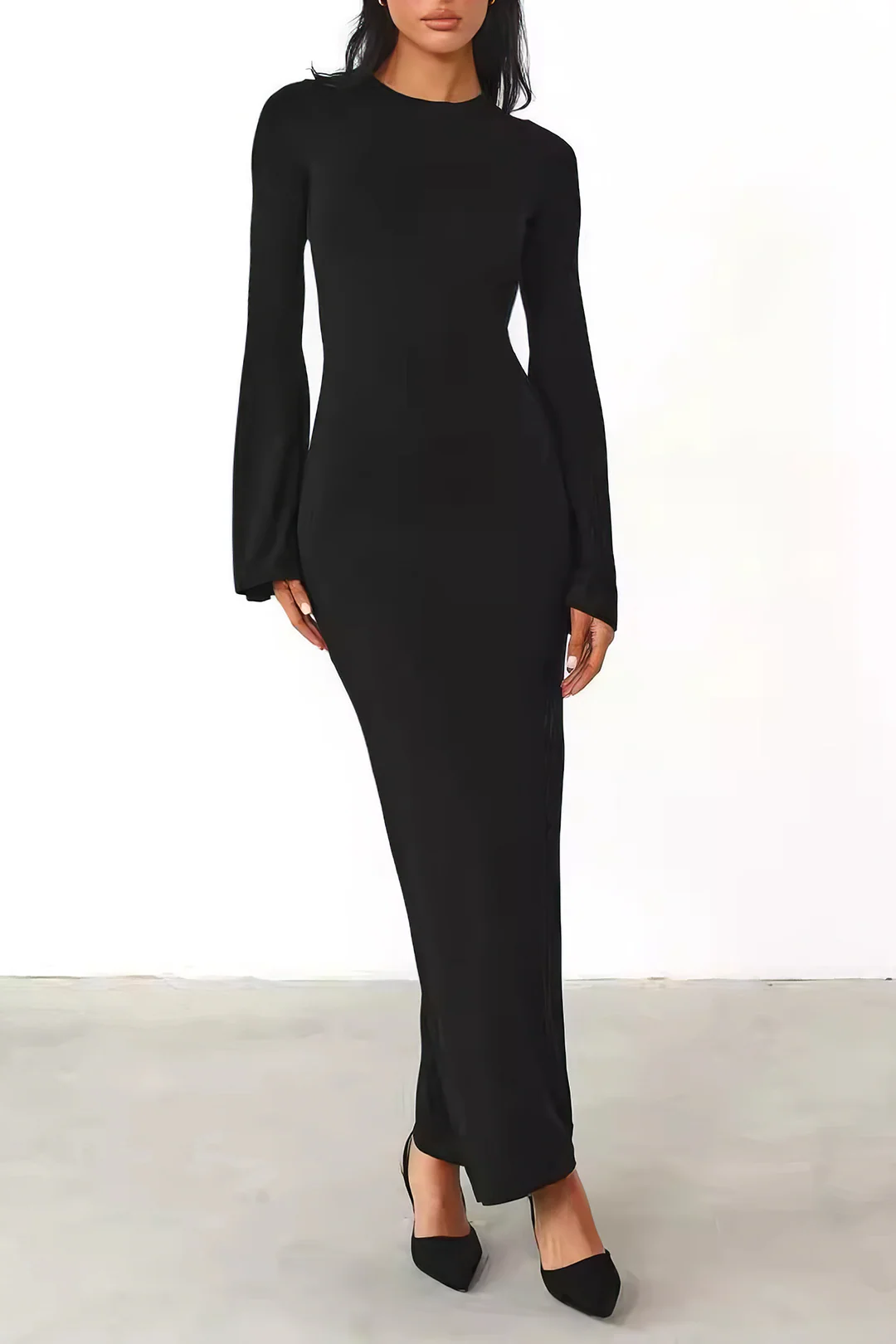 Solid Knit Bell Sleeves Lace Up Cut Out Backless Dress