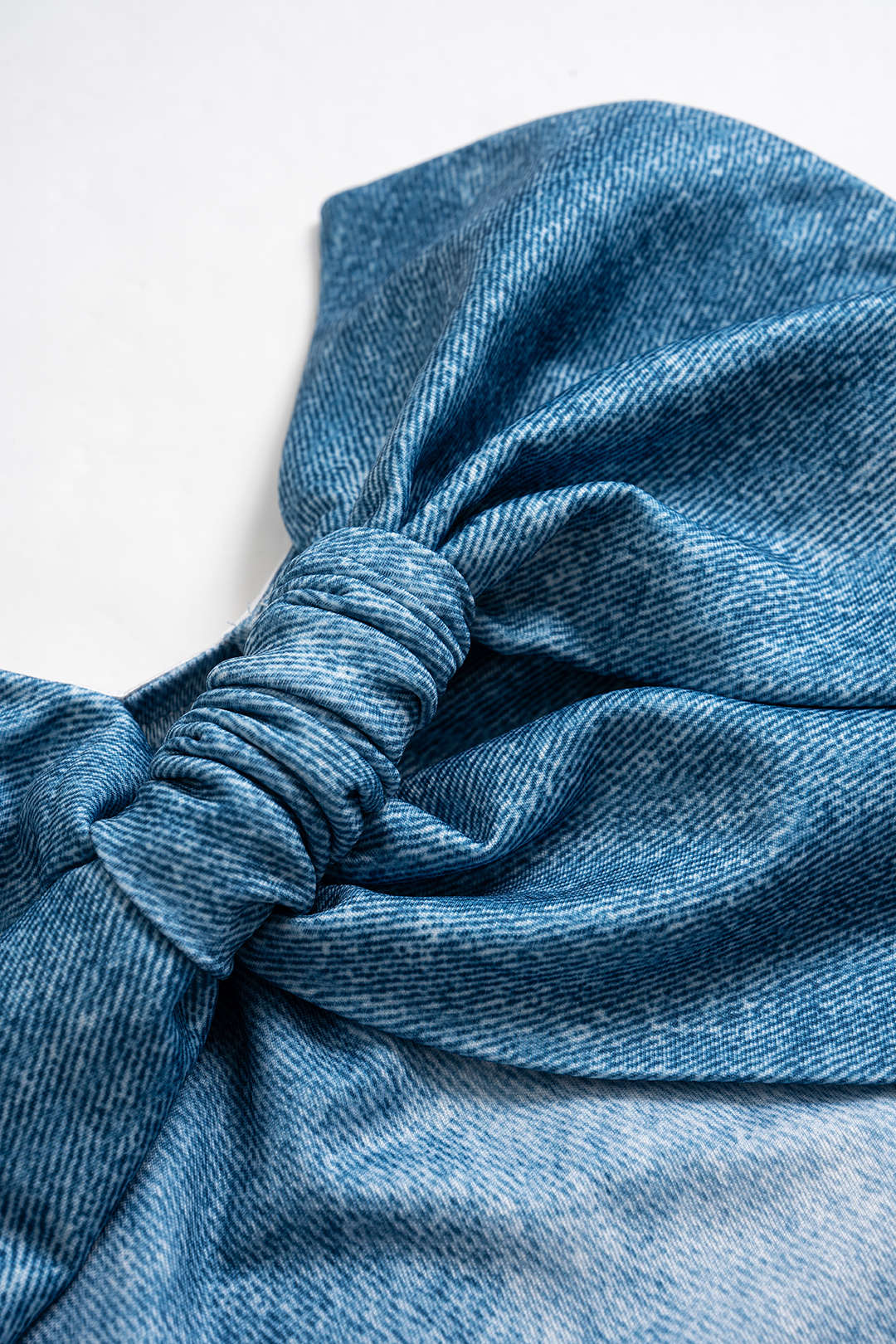 Denim Print Asymmetrical Twist Knot Strapless Tube Top