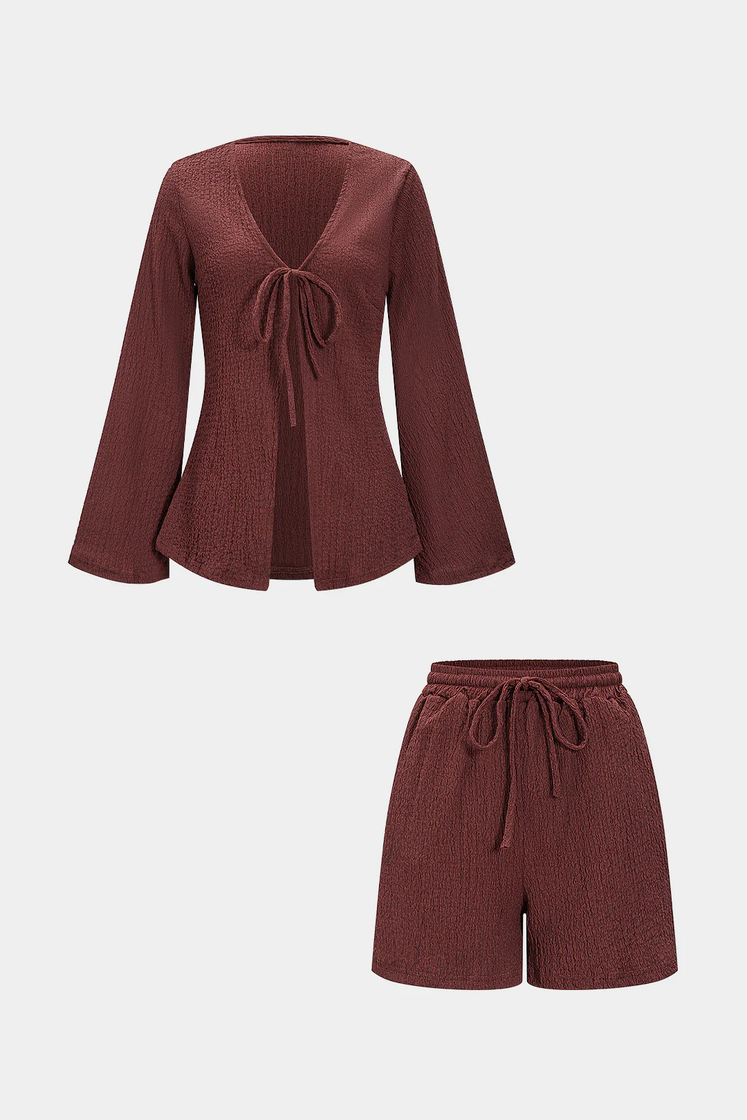 Tie-Up Ribbed Long-Sleeve Top And Shorts Set