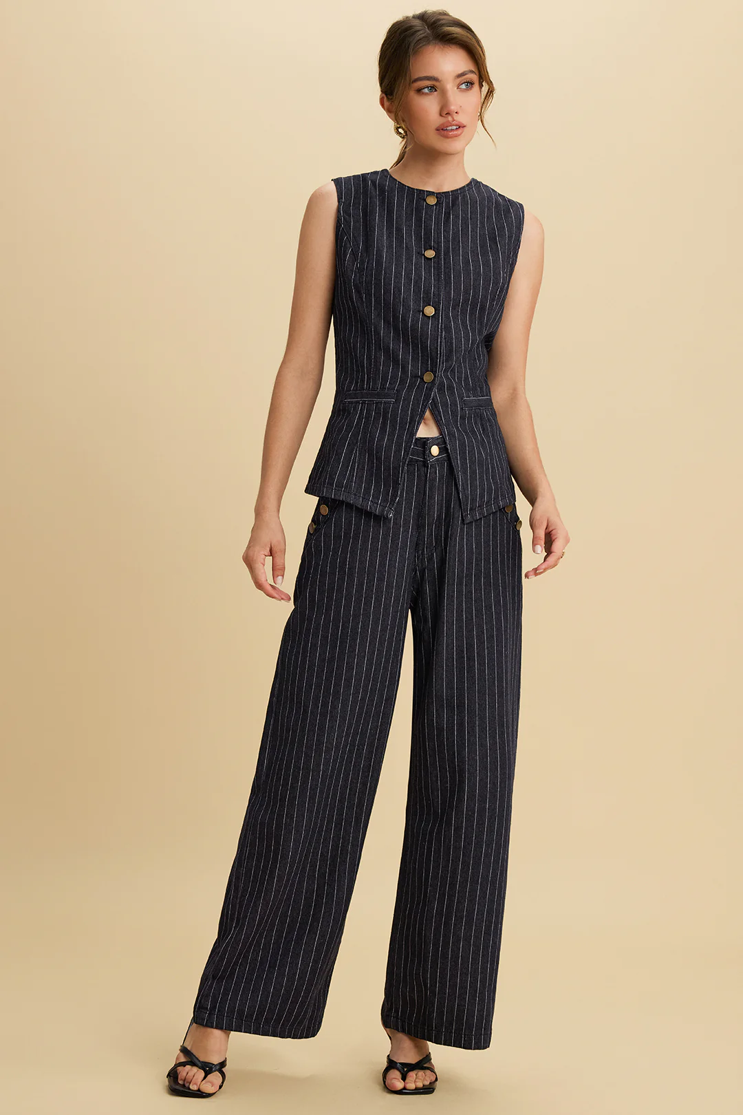 Denim Stripes Print Zipper Straight Leg Jeans