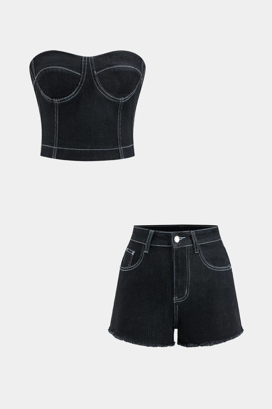 Denim Contrast Stitching Detail Bustier Tube Top and Shorts Set
