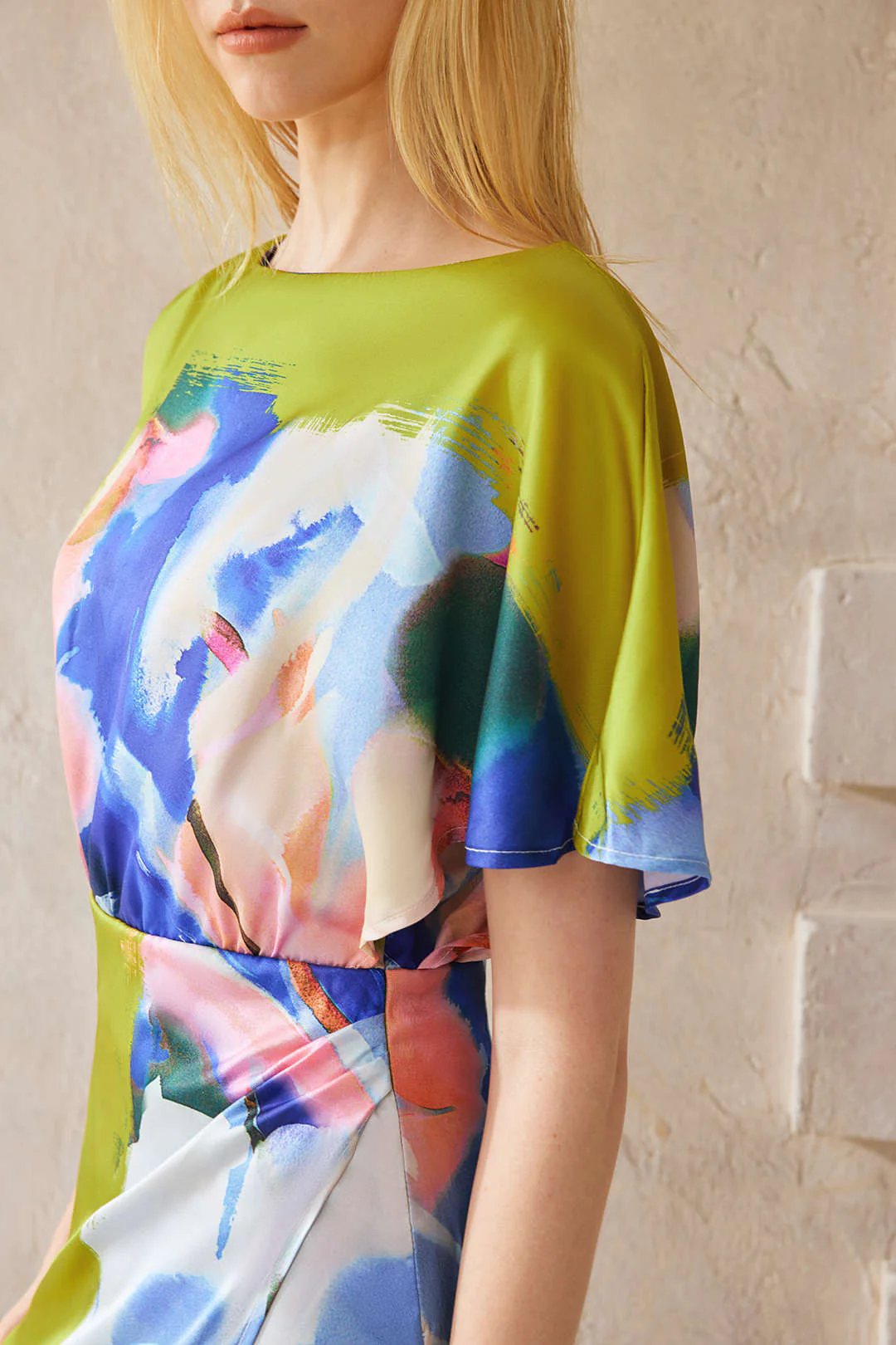 Abstract Pattern Satin Asymmetrical Short Sleeve Long Dress