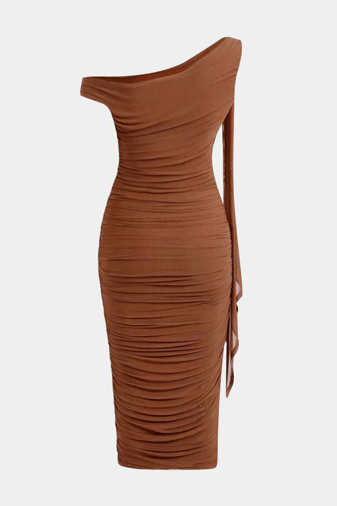 Plus Size Metallic Mesh Ruched Asymmetrical Sleeveless Midi Dress