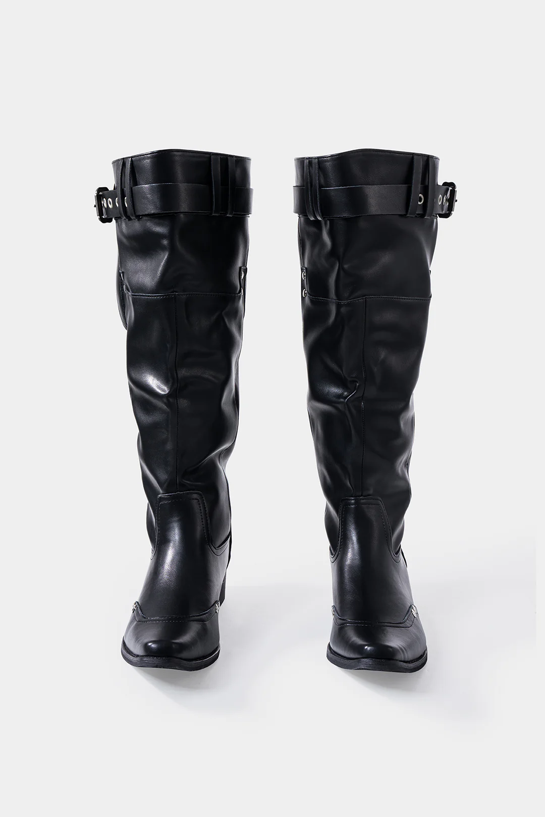 Leather Ruched Buckle Knee-High Boots