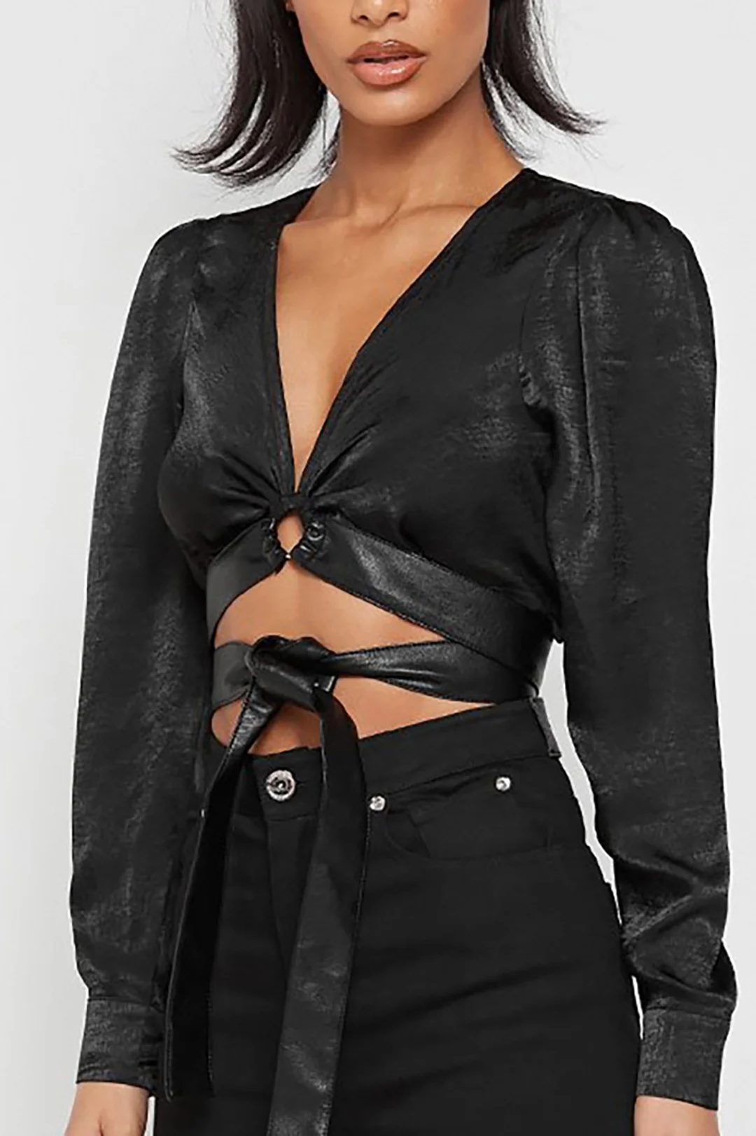 Solid  Faux Leather Tie-Up Long-Sleeve Shirt