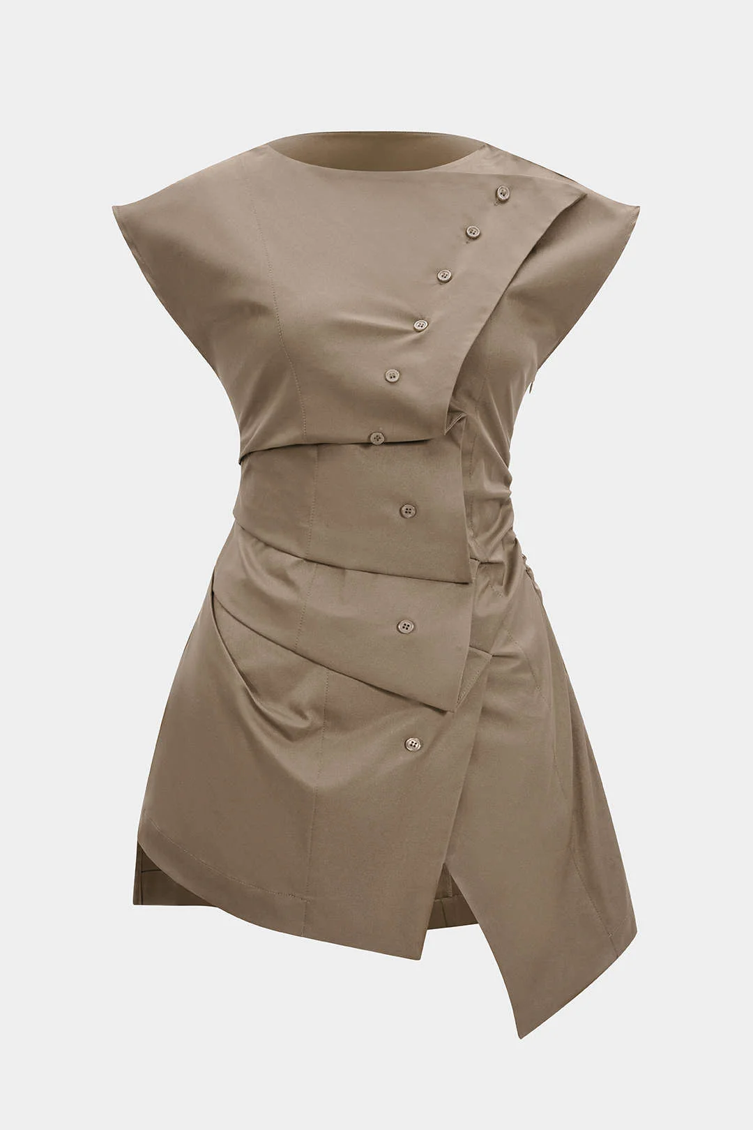 Ruched Button Tie-Back Asymmetrical Flutter Short-Sleeve Shirt