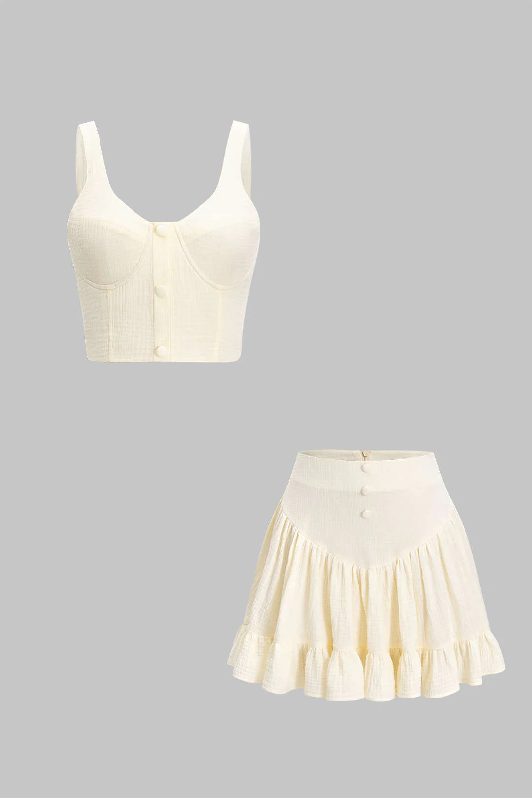 Button Bustier Shirred Tank Top and Ruched Skirt Outfit Set