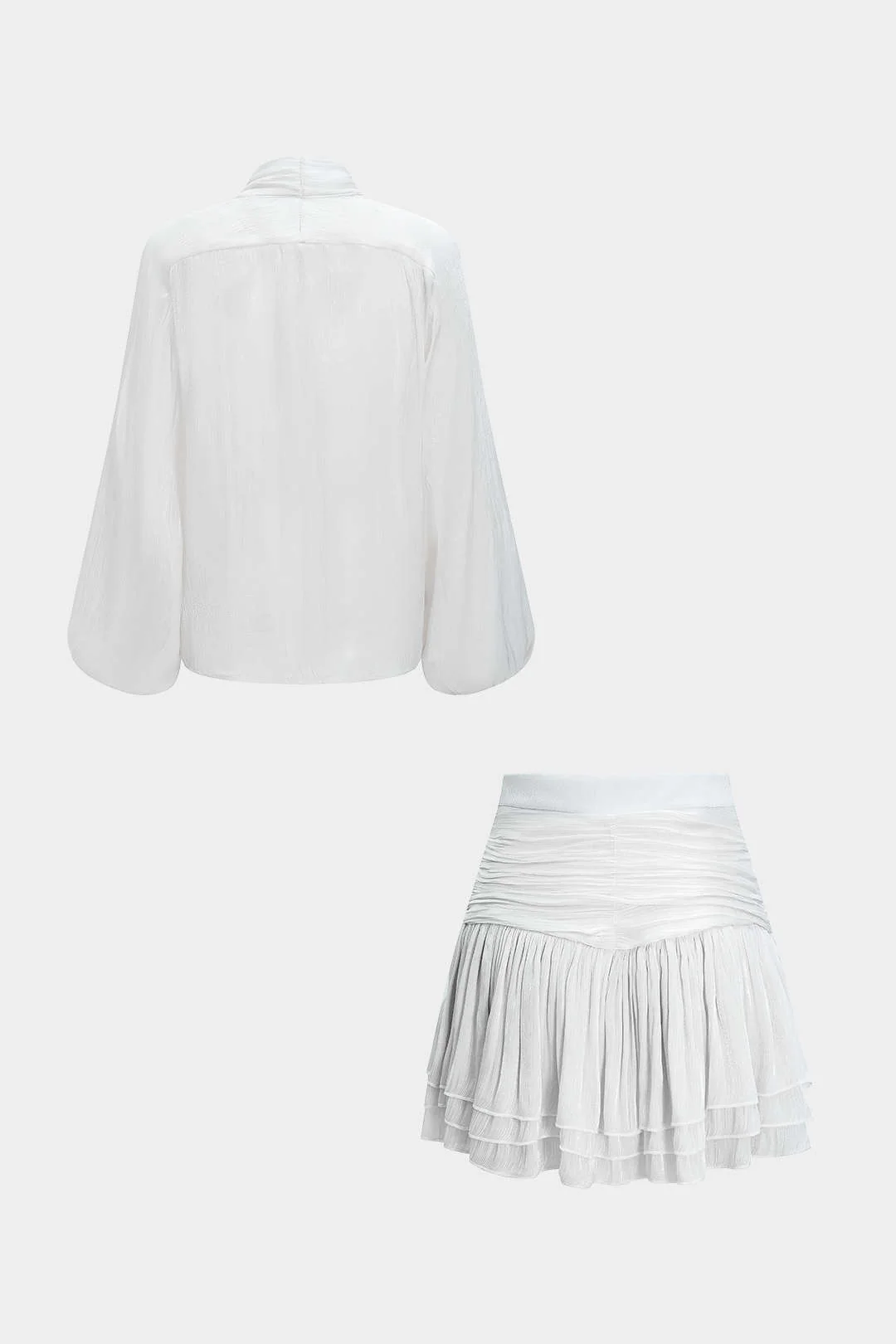 Bow Tie-Up Long-Sleeve Top And Ruched Mini Skirt Set