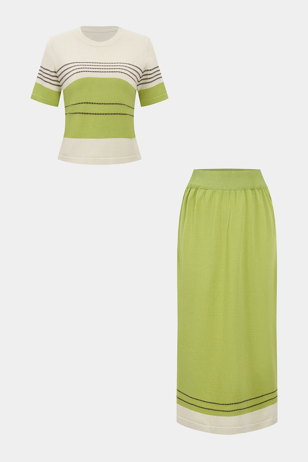 Knit Stripes Contrast Print Round Neck Short Sleeve Top And Skirt Set