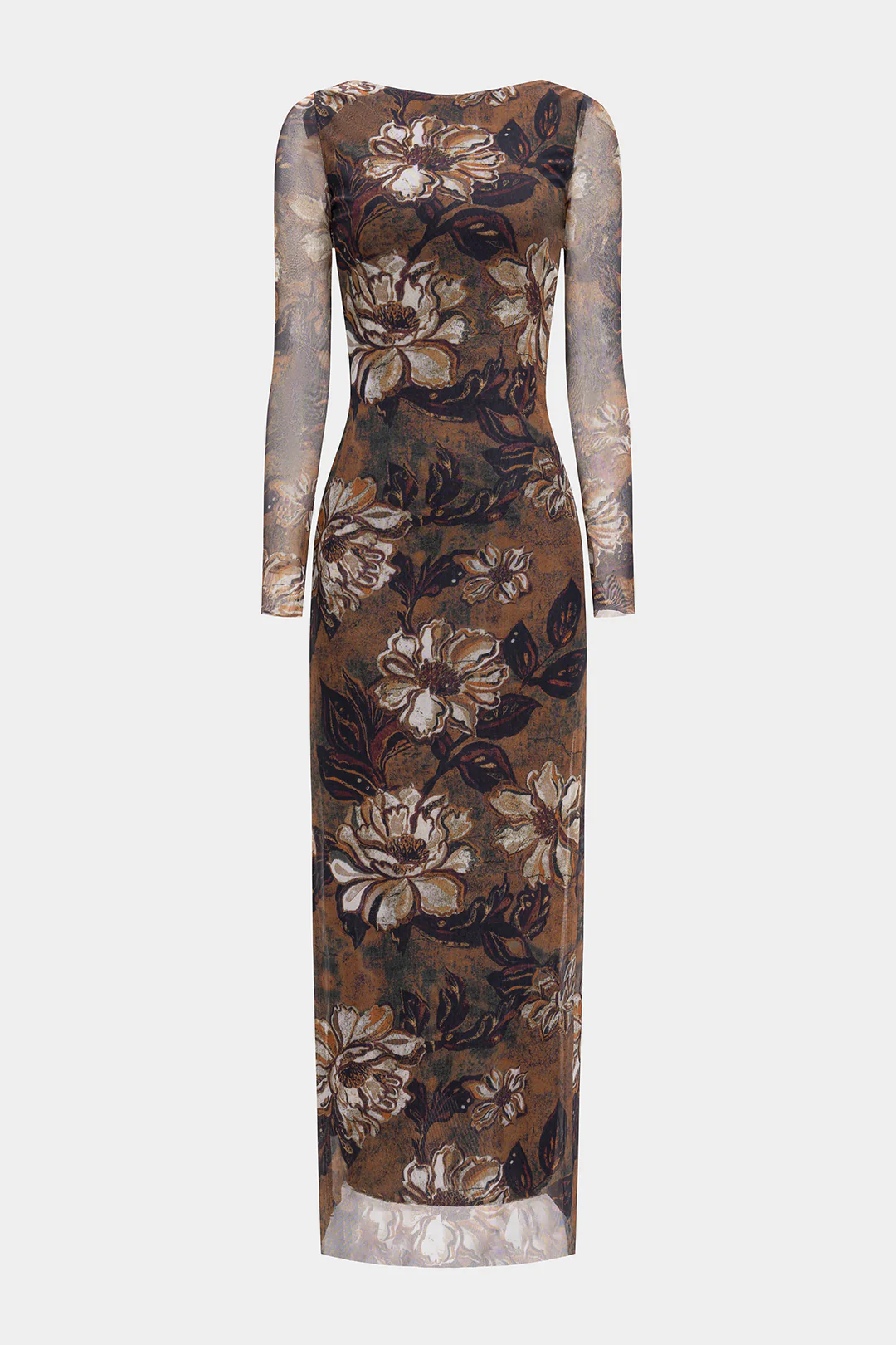 Mesh Floral Retro Print Backless Long Sleeve Maxi Dress