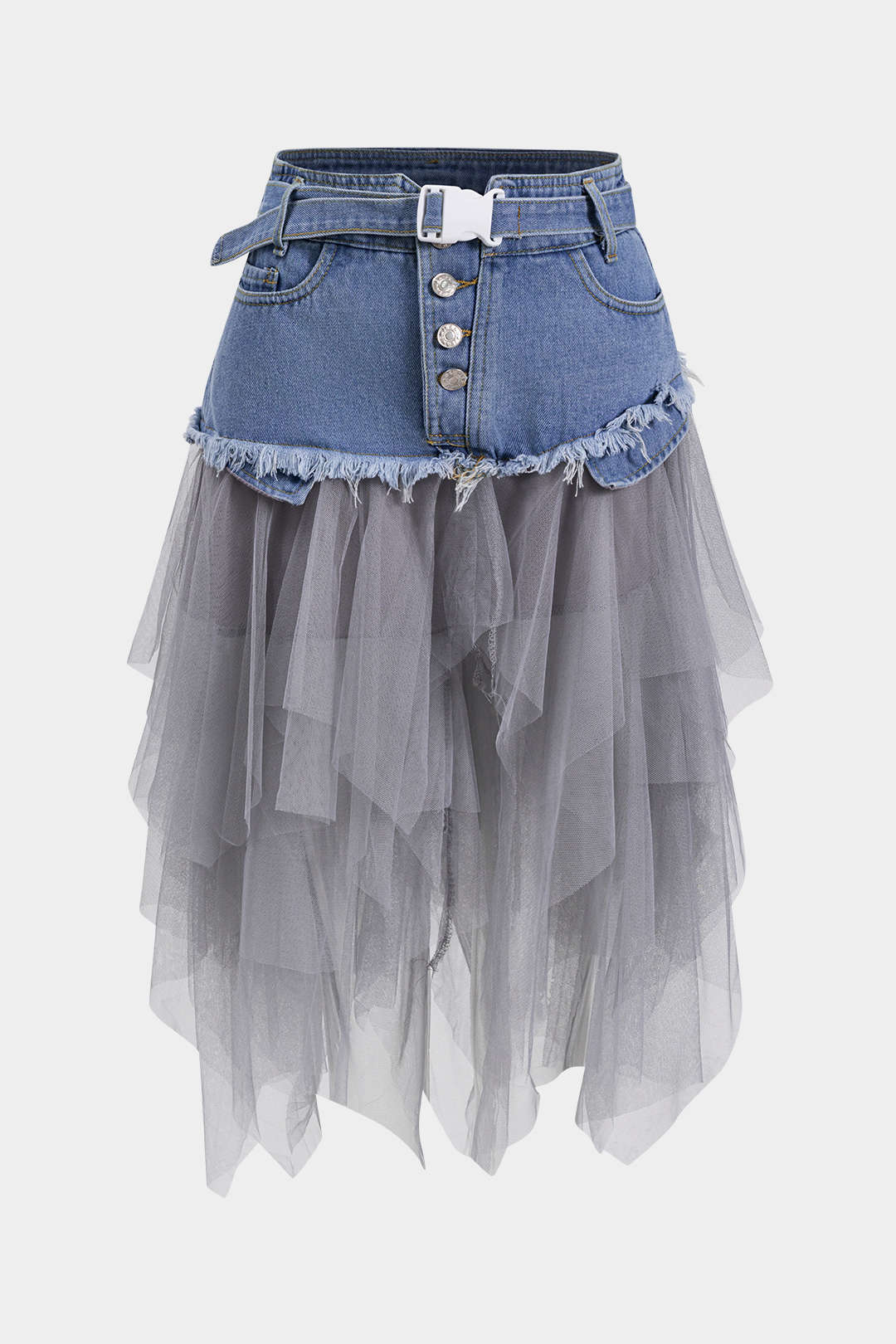 Denim Mesh Patchwork Belted Button Pocket Skirt