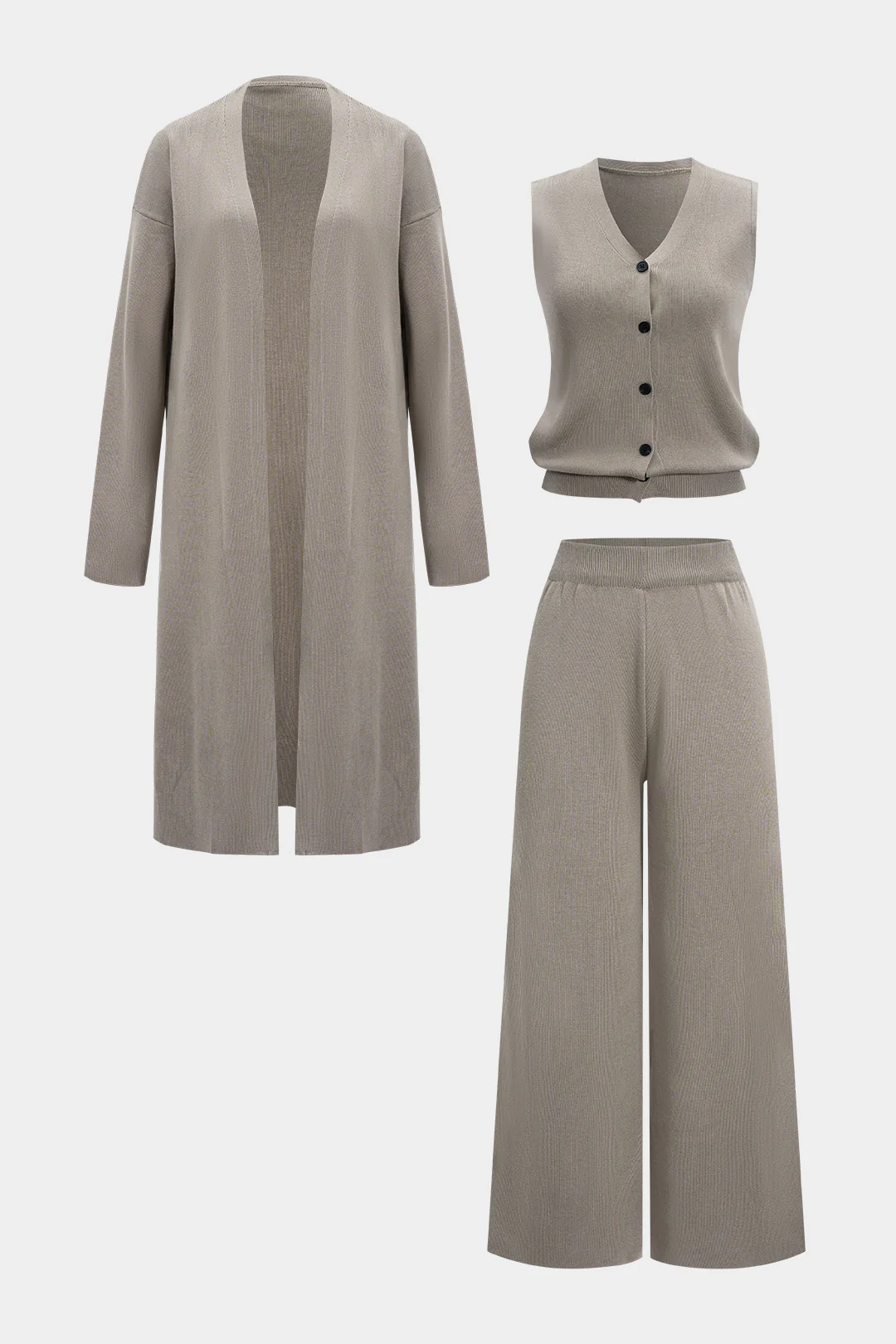 Knit Soid Button Vest And Long Cardigan And Wide Leg Trousers Set