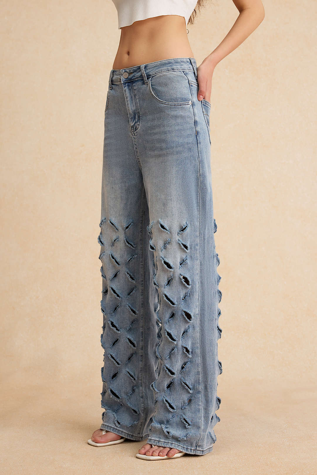 Ripped Cut-Out Button-Pocket Wide-Leg Jeans