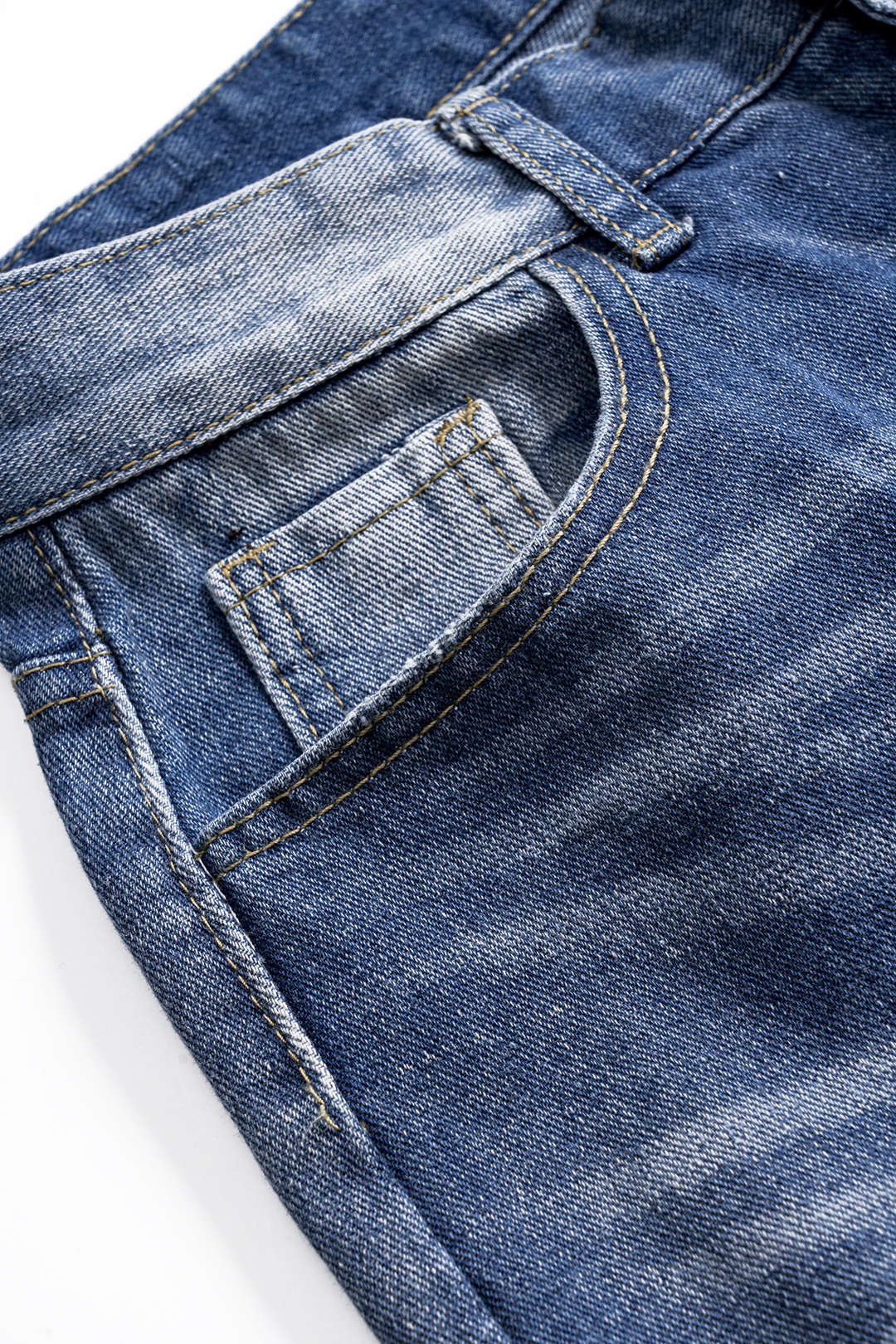 Faded Distressed Button Pocket Wide Leg Denim Jeans