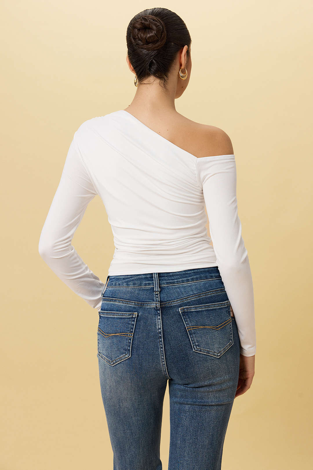 Asymmetric Neck Ruched Long-Sleeved Top