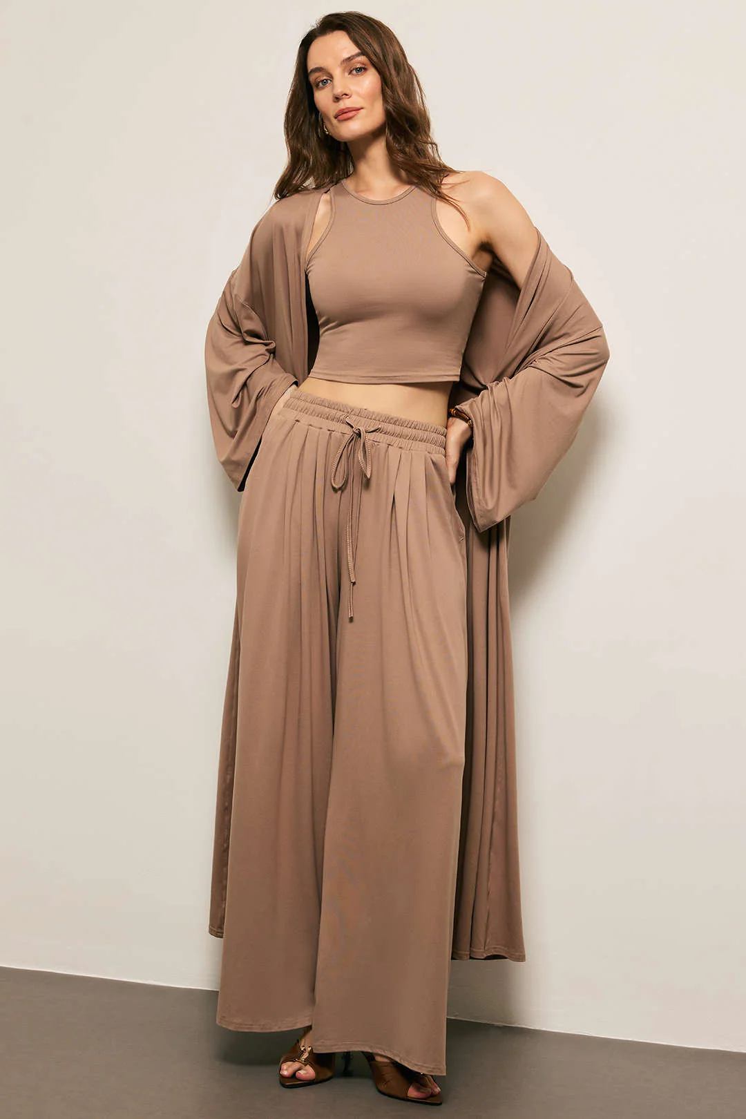 Soid Basic Tank Top And Long Cardigan And Drawstring Wide Leg Trousers Set