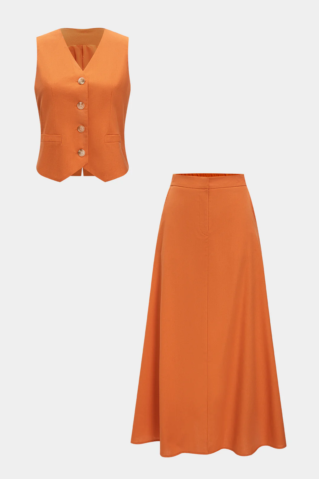 Linen V-Neck Button Tank Top And Ruched Skirt Set