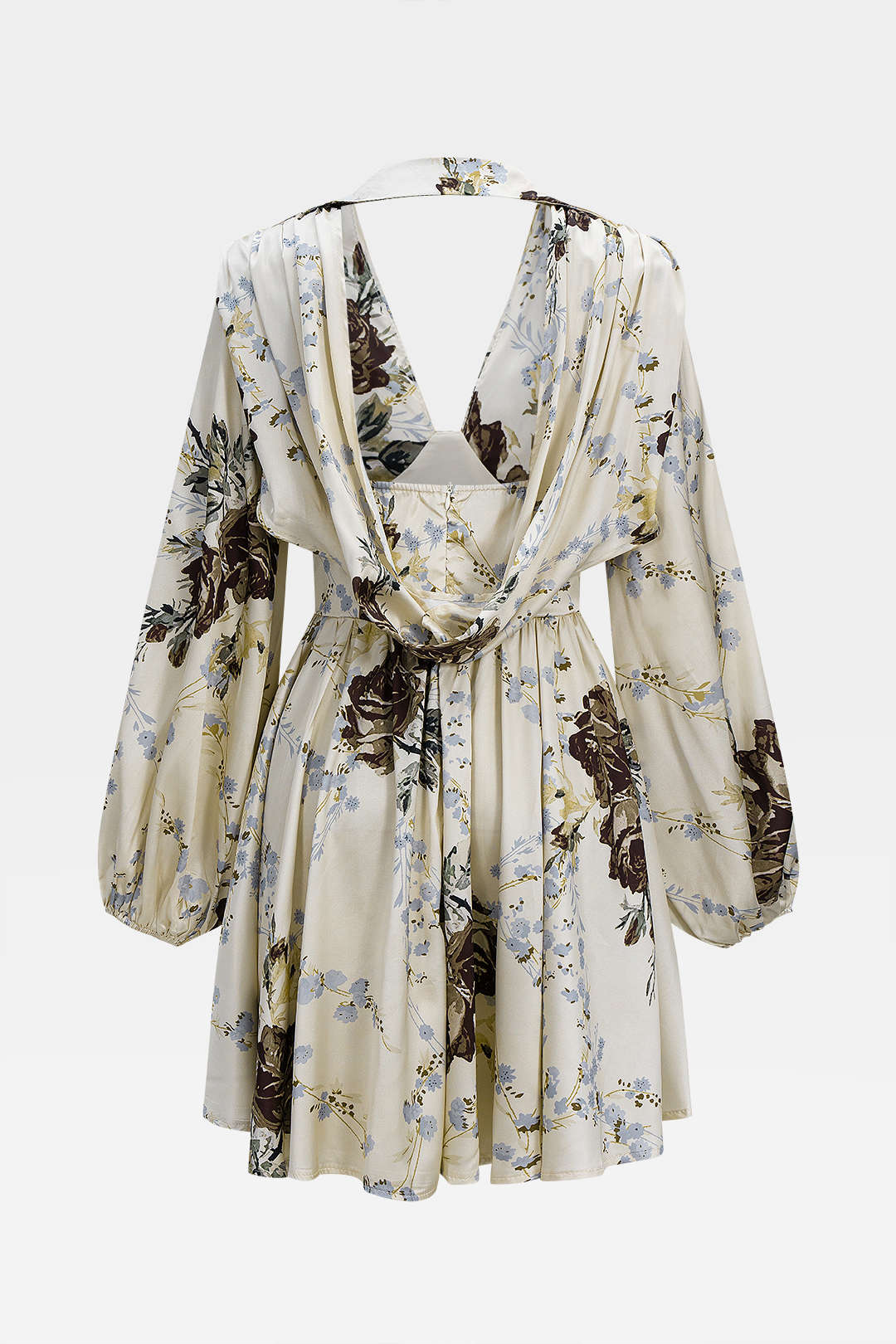 Floral Print Satin Ruched Backless V-Neck Long Sleeve Midi Dress