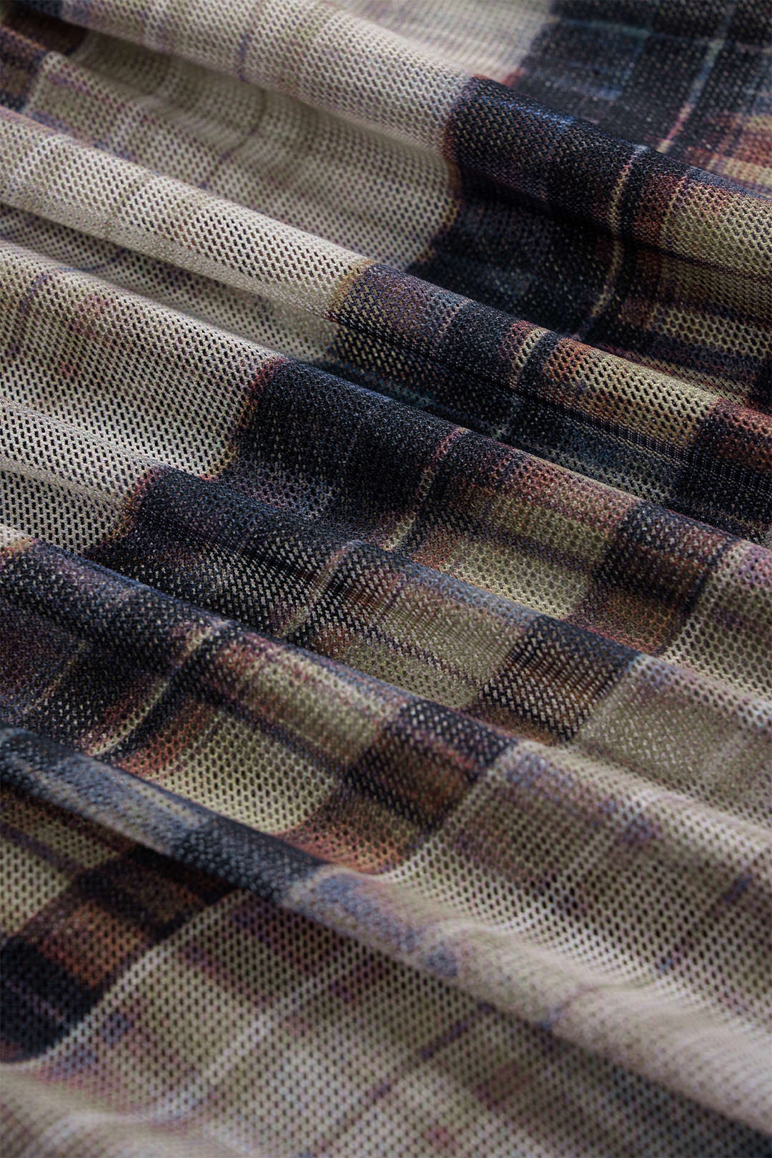 Plaid Print Mesh Ruched Long-Sleeve Top