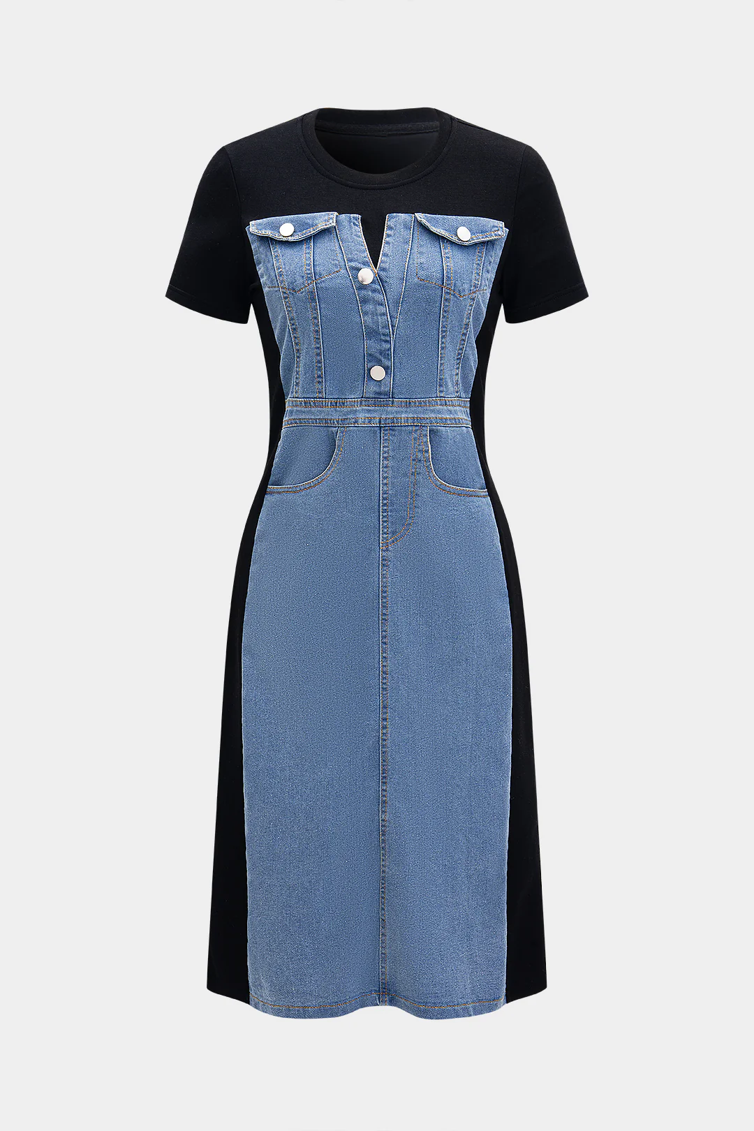 Denim Patchwork Pocket Short Sleeve Slit Dress