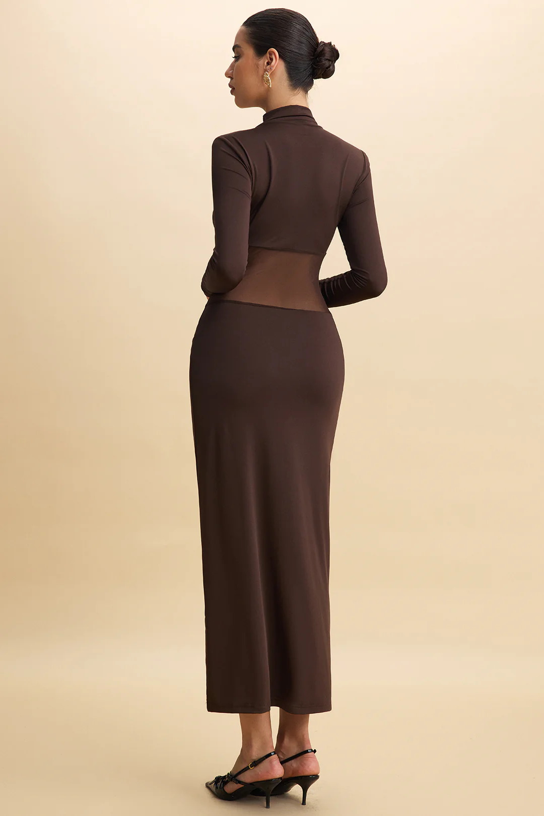 Sheer Patchwork Mesh Ruched Long Sleeve Maxi Dress