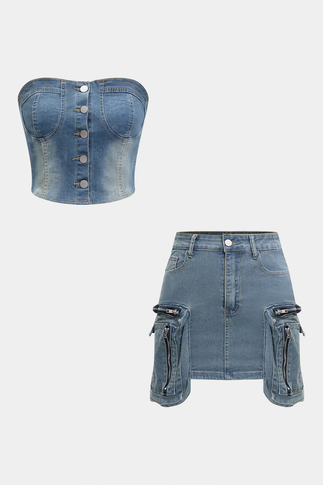 Washed Denim Zipper Crop Top and Pocket Skirt Set
