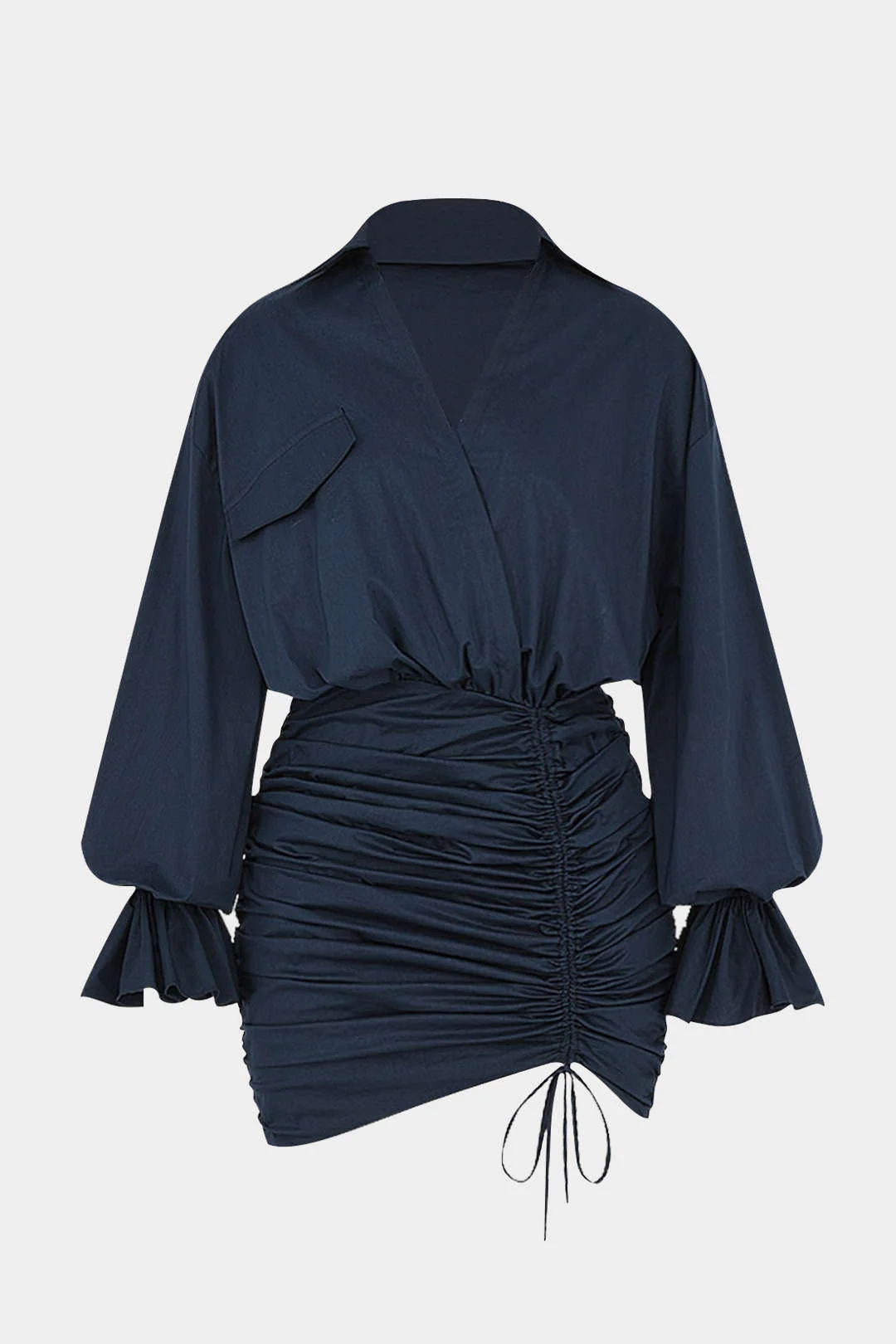 Plus Size Ruched V-Neck Drawstring Ruffle Long-Sleeve Mini Dress