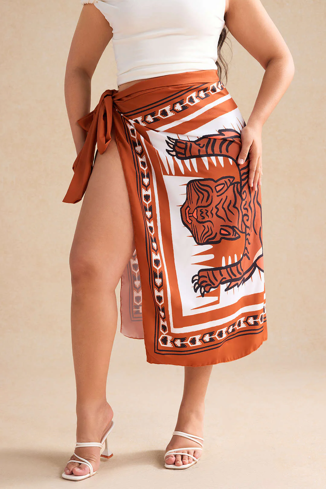 Plus Size Tiger Print Wrap Skirt with Knot