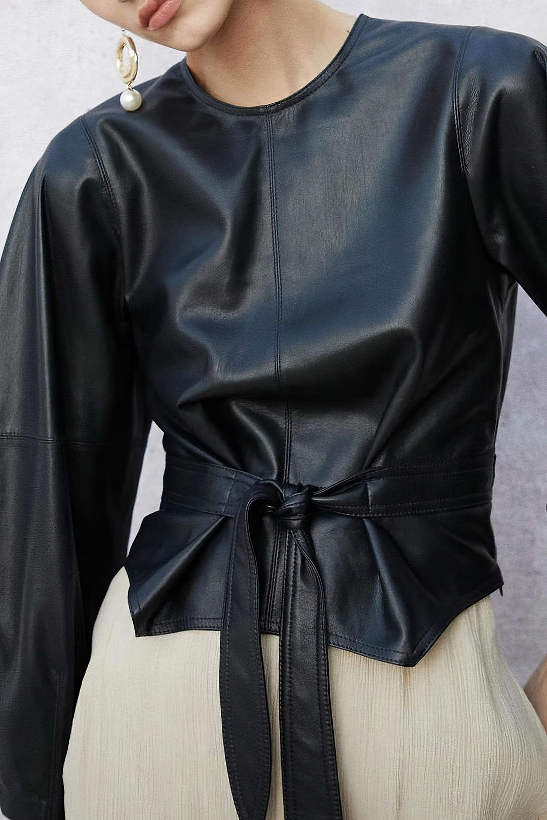 Faux Leather Tie-Front Round Neck Long-Sleeve Top