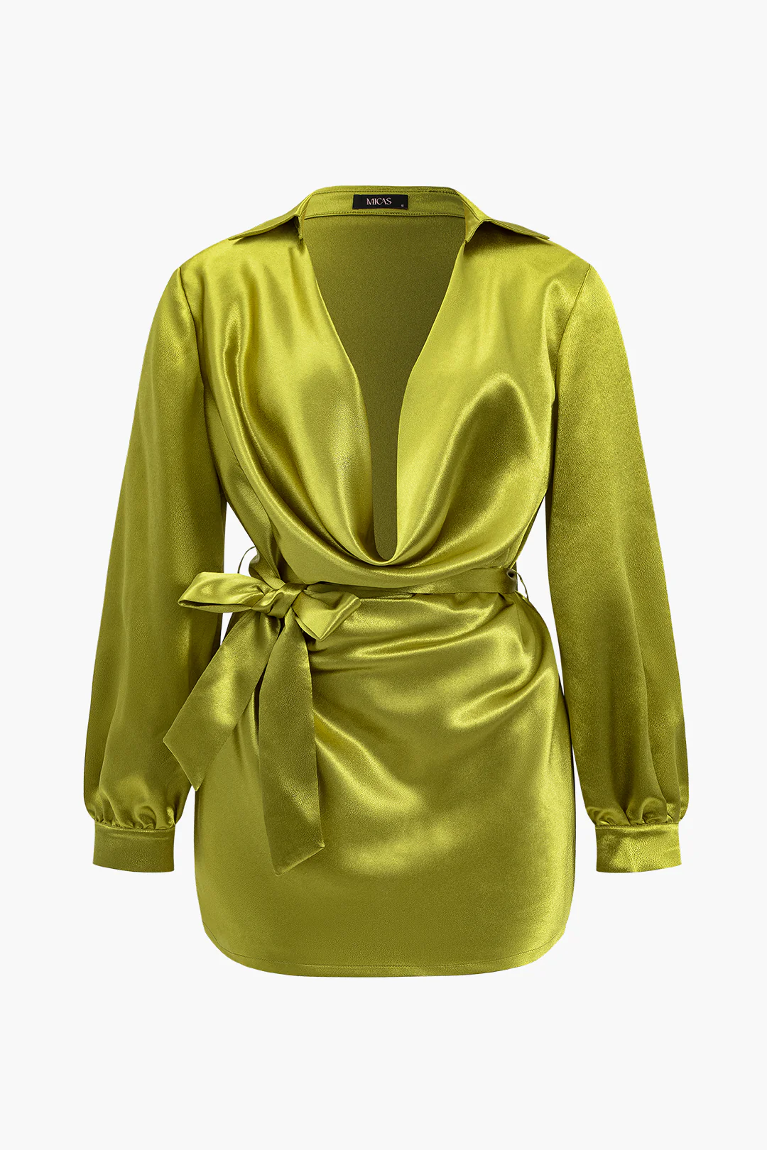 Plus Size Satin Tie Front Long Sleeve Mini Dress