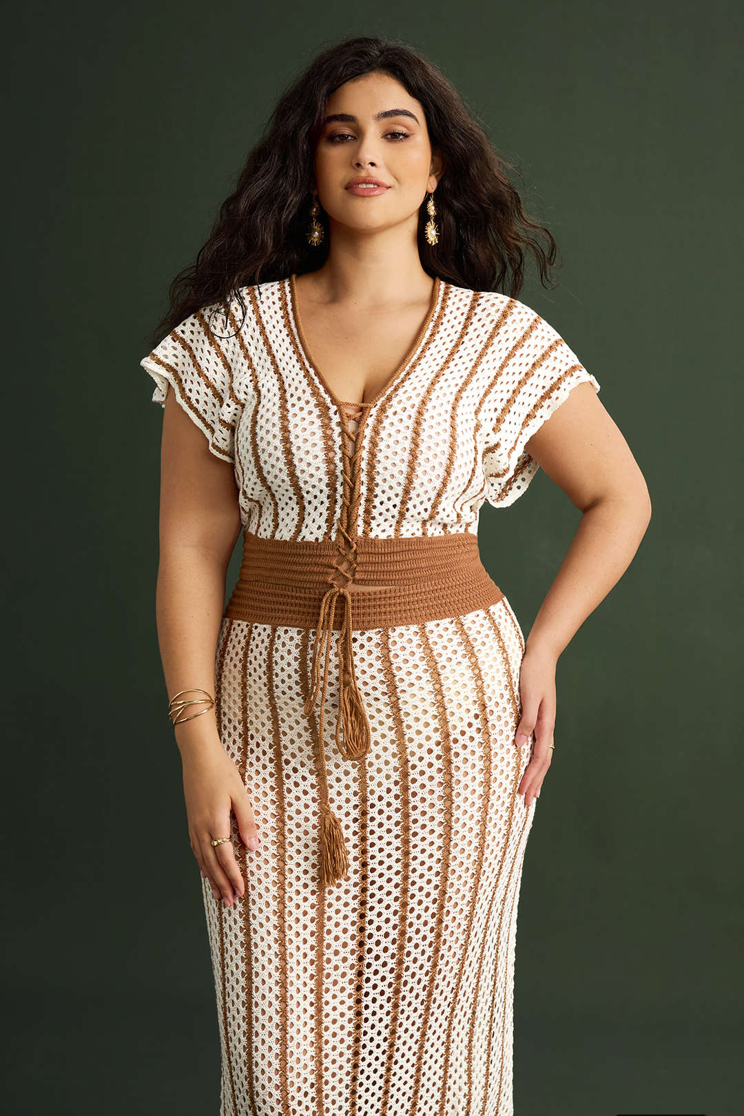 Plus Size Knitted Striped Print Tie-Up Fringe Short-Sleeve Top