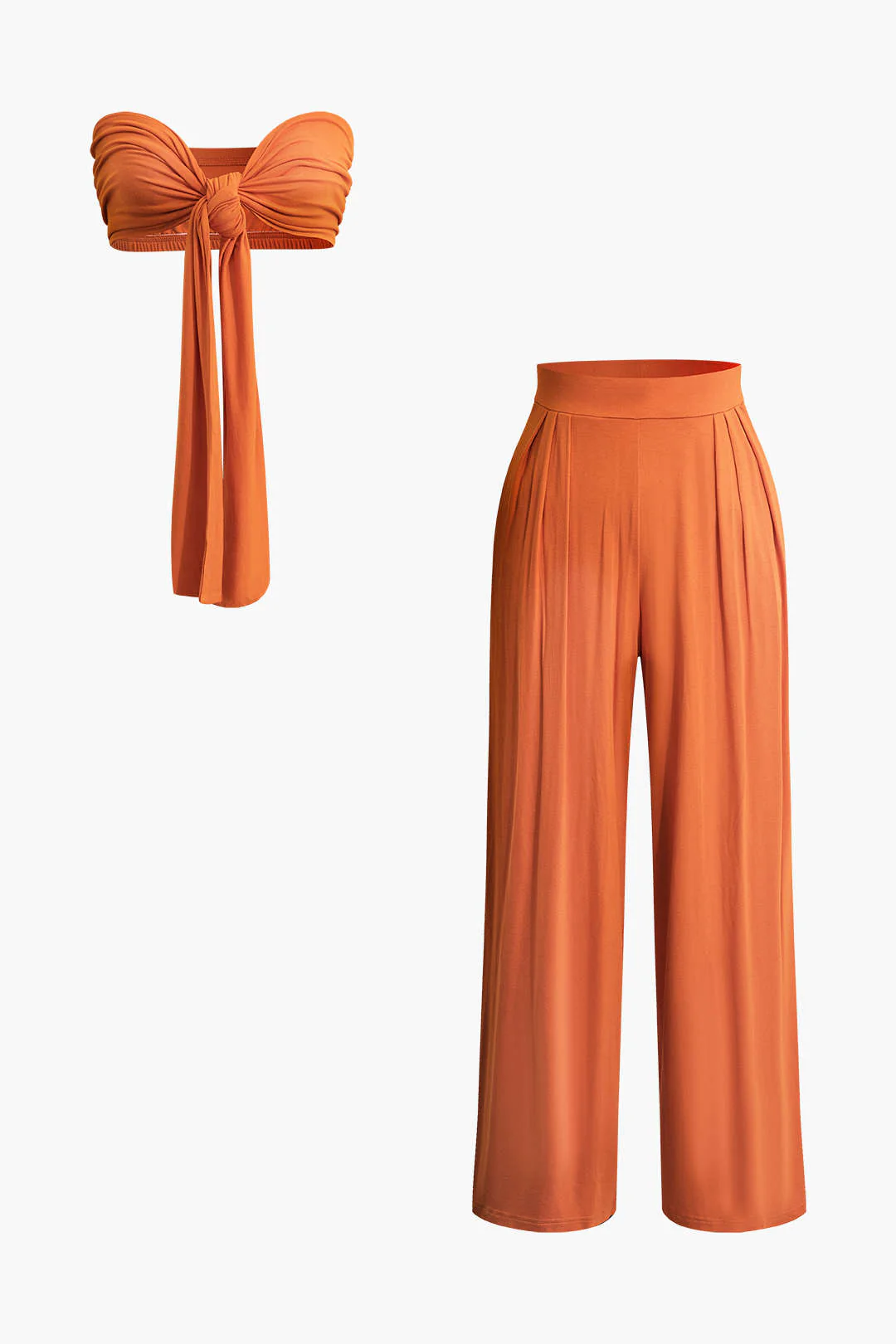 Tie Knot Front Ruched Tube Top and Pleated Wide-Leg Pants Set