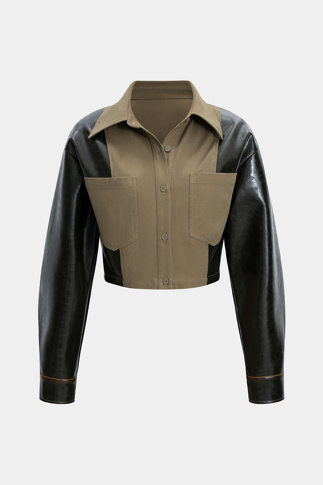 Faux Leather Patchwork Pocket Long Sleeve Top