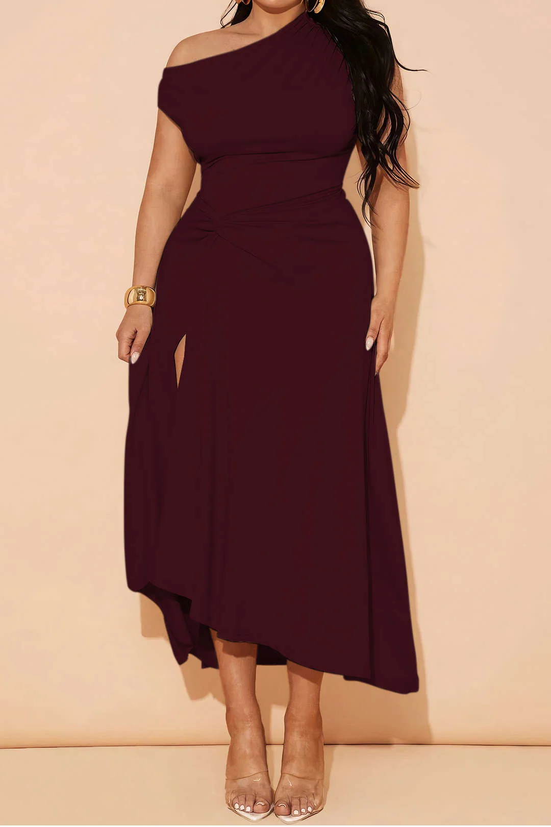 Plus Size Asymmetric Sleeveless Ruched Mid-length Dress