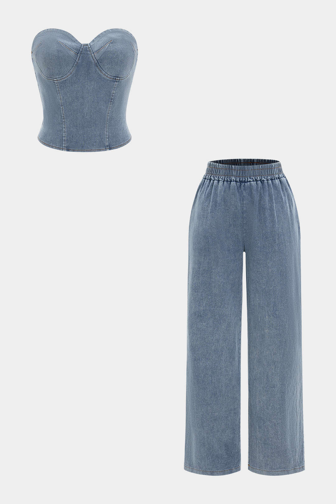 Denim Zipper Tube Top And Jeans Set