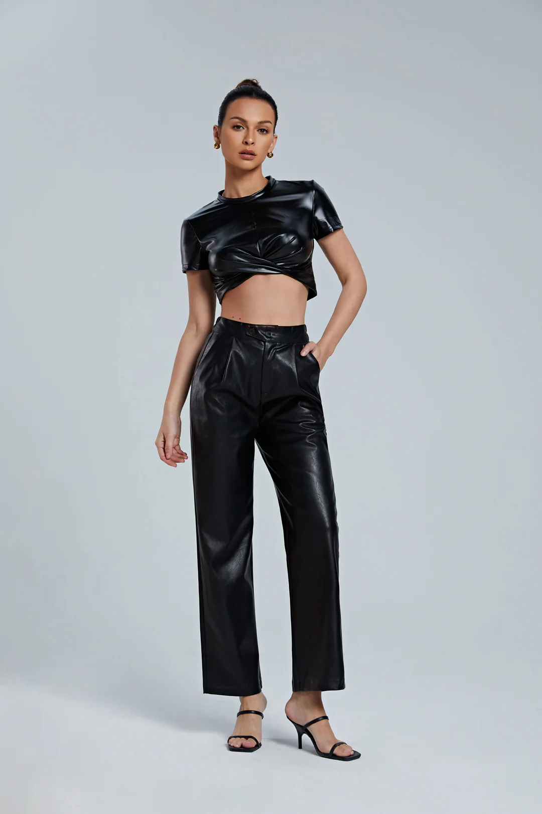 Faux Leather Elastic Waist Straight-Leg Trousers