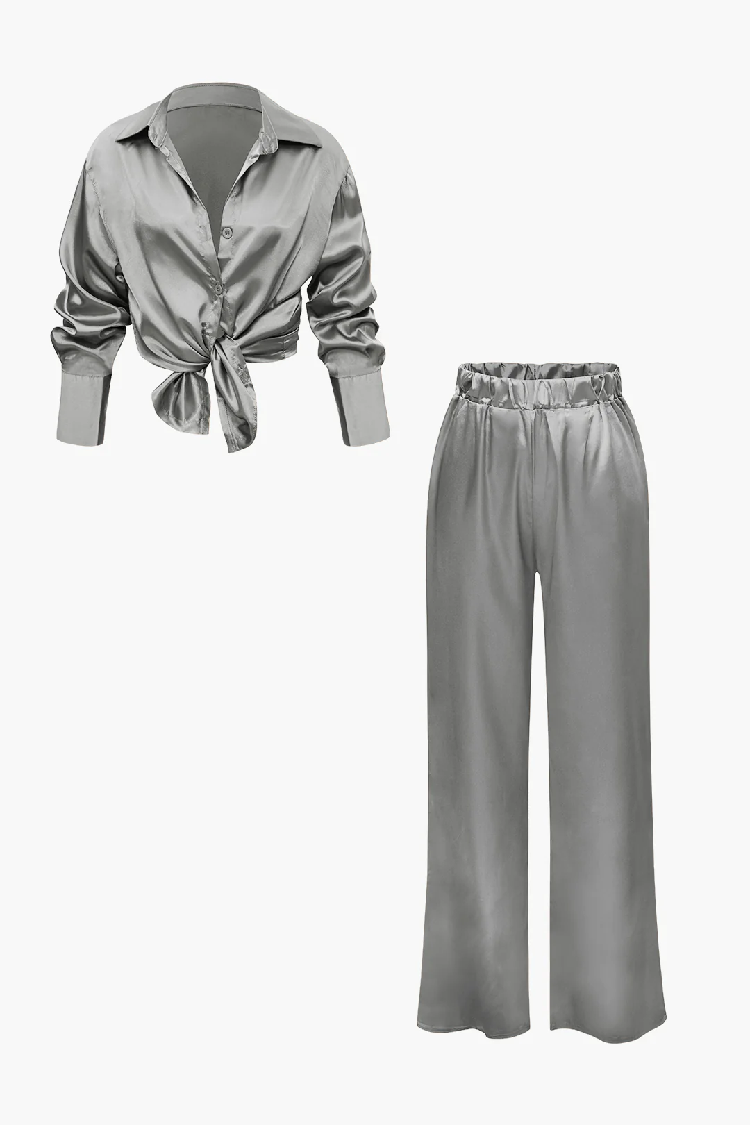 Satin Button-Up Long-Sleeve Shirt and Pants Ensemble