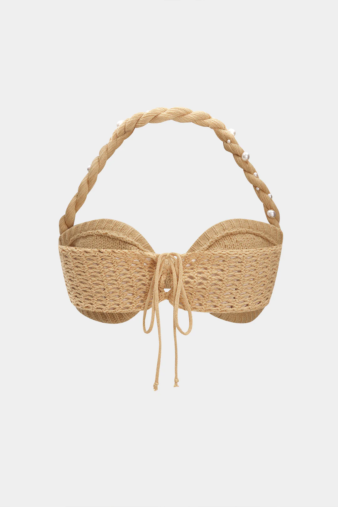 Knit Pearls Decor Halter Neck Braided Tie-Up Tank Top