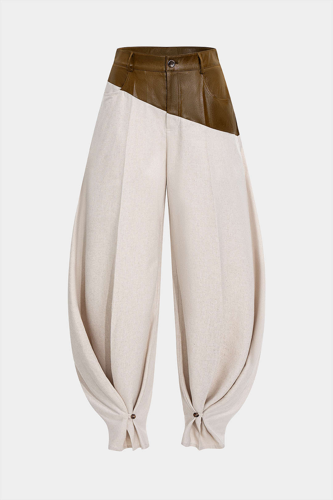 Faux Leather Ruched Patchwork Barrel Pants