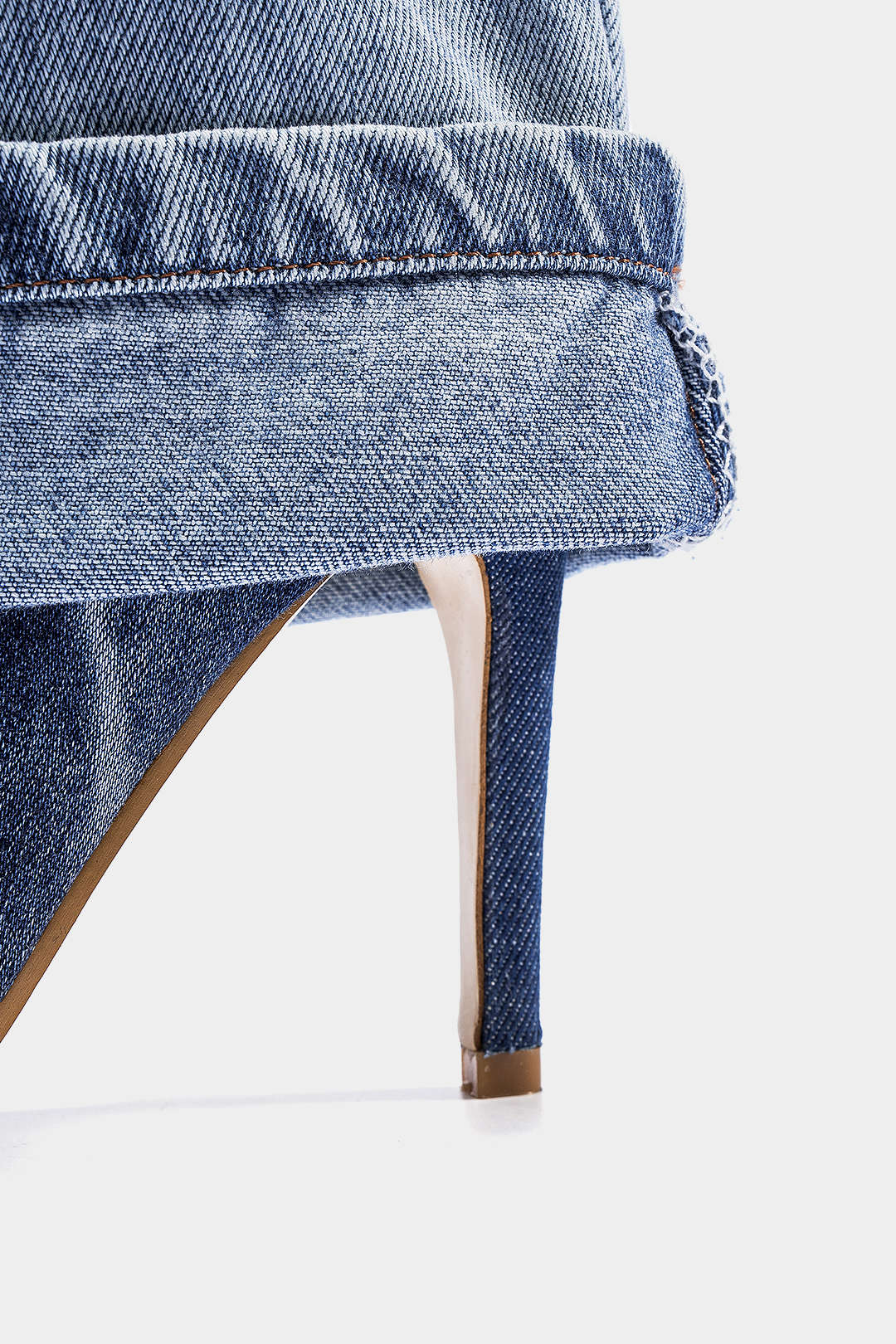 Washed Denim Wrinkled Patchwork Pointed Mid-Calf Boots